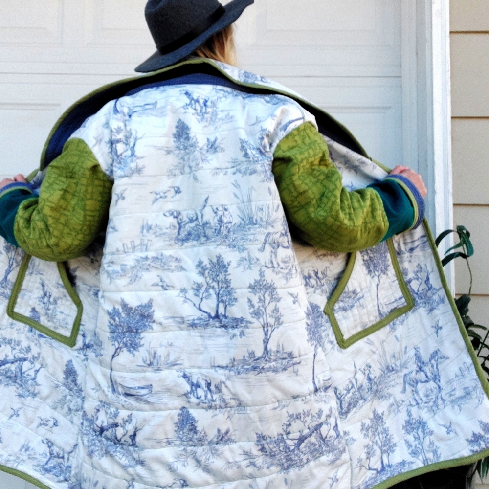 Handmade Chic Multicolor Trench Coat Blue Delft Country Colorblock - Picture 3 of 6